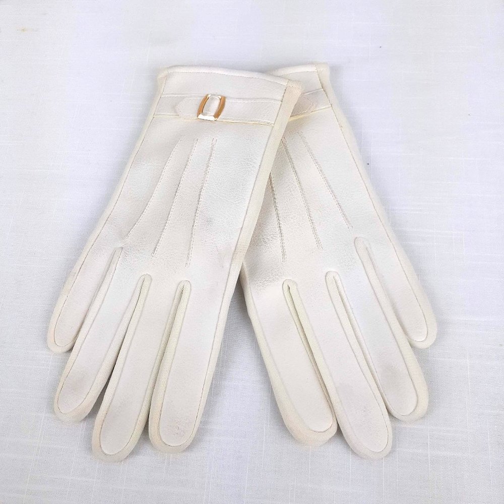 Vintage Women's Vinyl Gloves with Rayon Fleece Lining Size Fits All. Off-White